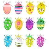 SUpoetry 12 Stück Ostereier zum Aufhängen, Osterdeko Eier aus Kunststoff, 6 cm Eier zum Hängen Osterhänger Ostern, Dekorieren Kunststoffeier für draußen und innen Osterdeko Deko(6 × 4cm)