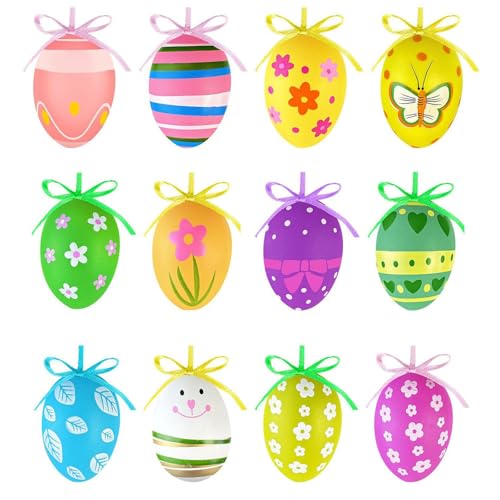 SUpoetry 12 Stück Ostereier zum Aufhängen, Osterdeko Eier aus Kunststoff, 6 cm Eier zum Hängen Osterhänger Ostern, Dekorieren Kunststoffeier für draußen und innen Osterdeko Deko(6 × 4cm)