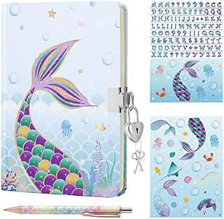 Mermaid Journal Set - Glitter Diary Gift for Girls Kids Blue School Travel Private Notebook Hardcover A5 Lined Memos Writing Drawing Notepad Ballpoint Pen Stickers with Lock and Keys