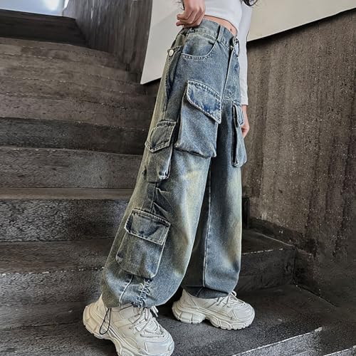 Little Girls Streetwear Denim Cargo Pants High Waist Floor Length Baggy Wide Leg Jeans with Multi Pockets3