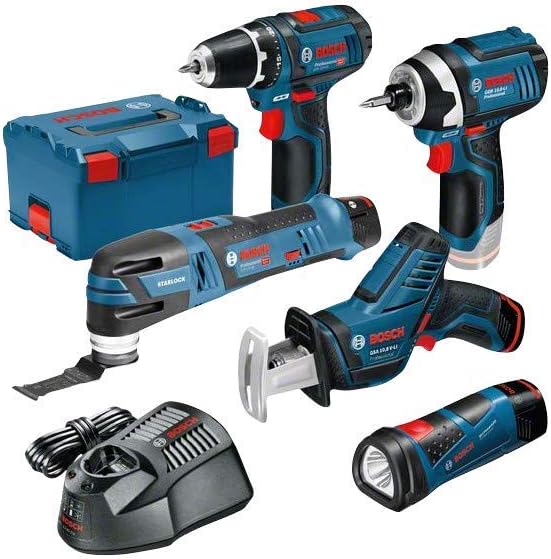 Bosch Professional 0615990K11 System Bohrschrauber GSR 12V-15+Drehschlagschrauber GDR 12V-105+Säbelsäge GSA 12V-14+Multi-Tool GOP LED-Lampe GLI 12V-LI (+3x2.0Ah Akku, Ladegerät, L-BOXX)