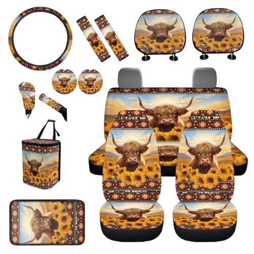BIGCARJOB Highland Cow Print Seat Covers Full Set - Front & Rear, Sunflower Car Seat Protector Set, Funny Cow Print Headrest Covers, Trash Can