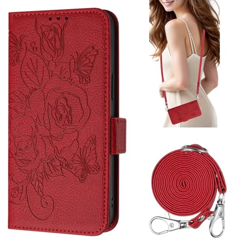 Rnrieyta Miagon Custodia Crossbody per iPhone XR,Fiore Rosa Flip Cover Libro Magnetica RFID Blocking Portafoglio Carte Credito PU Pelle Tracolla Cinturino Case