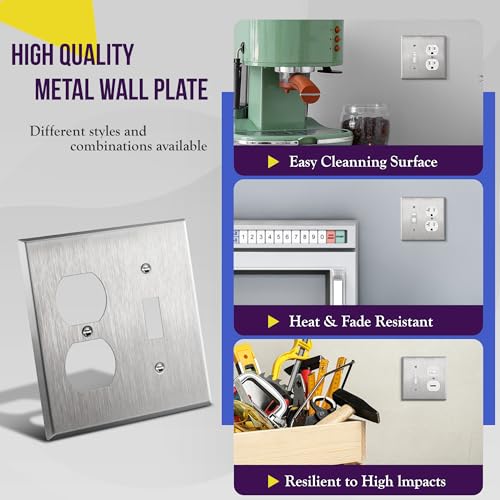 Image of ENERLITES Combination Toggle Light Switch or Duplex Receptacle Outlet Metal Wall Plate, Corrosive Resistant, Size 2-Gang 4.50 inch x 4.57 inch, 771121, 430 Stainless Steel, UL Listed, Silver, Standard