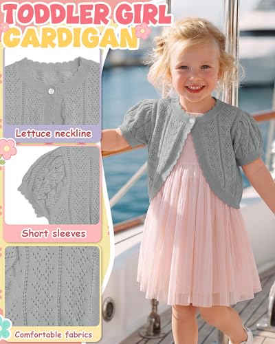 Image of Toddler Girls Cardigan Sweater | Short Sleeve Cardigan, School Wear Sweater, 18M-5T, Knit Baby Bolero Shrug, Cropped Puff Summer Tops, Button Open Front Shirt