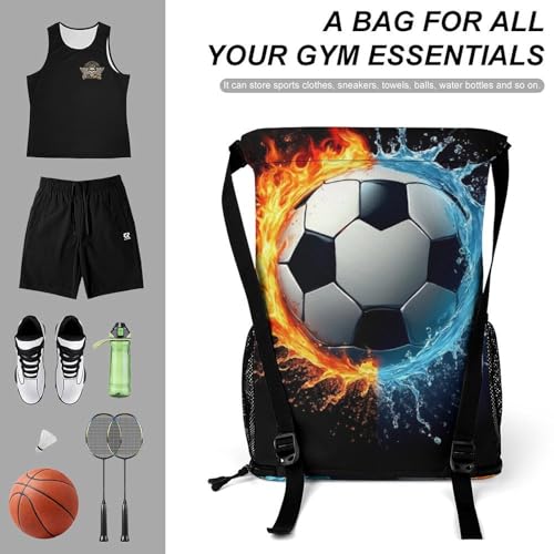 Pull String Sport Bag Easy to Storage, Waterproof Water And Fire Flame Soccer Football Drawstring Backpack for Outdoor Gym Travel Beach Hiking3