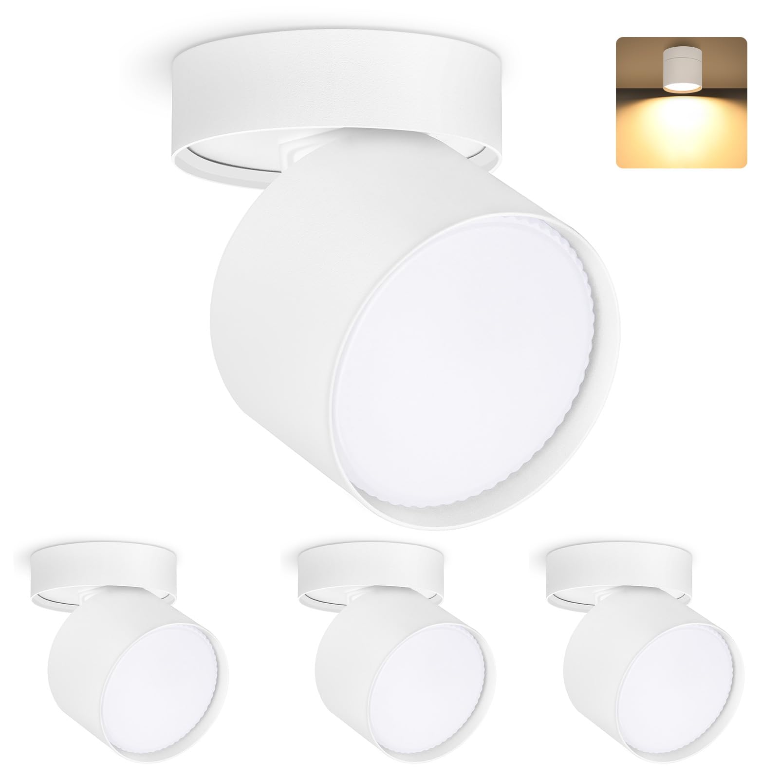 KYOTECH 4 Pcs LED Foco Superficie Blanco Giratorio Ø84x80mm, Bombilla 6W GX53, Plafón Interior Blanco Cálido 3000K 550LM