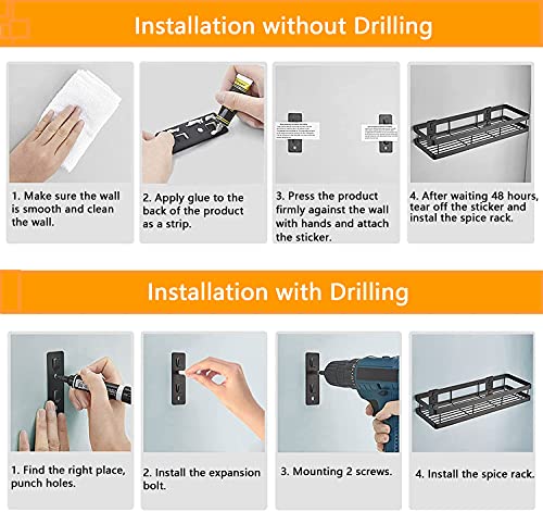 Foto von Gewürzregal Wand Ohne Bohren 2er Set mit Küchenreling Küchenregal hängend Gewürzregal Schranktür Edelstahl Duschablage für Küche Badezimmer Balkon 35 x 12 x 5,7 cm, Schwarz