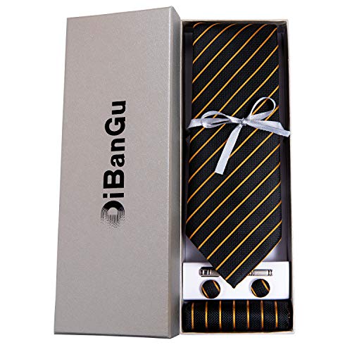Image of DiBanGu Mens Striped Tie Silk Woven Necktie and Pocket Square Cufflinks Tie Clip Set Wedding Business Formal Gift Tie for Men