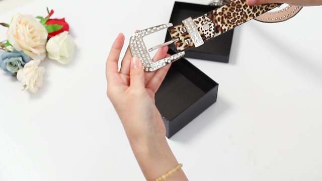 2912 Leopard Rhinestone Belt For Women Western Cowgirl Bling Crystal y2k Bling Rhinestone Leopard Print Belt with Metal Buckle  main image 4