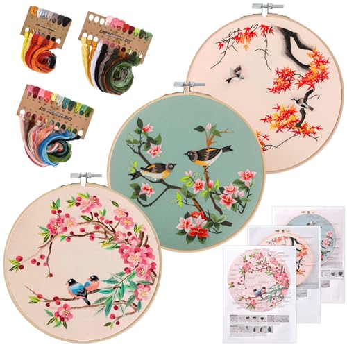 Embroidery Kit for Beginners Set of Embroidery Starter Kits, Cross Stitch Kits with Flower & Bird Pattern and Instructions