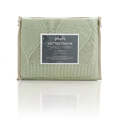 Image of Pluchi Cable Moss Cotton Knitted All Season AC Throw Blanket (125cm X 150cm) (Desert Sage)