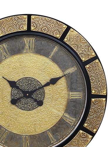 Image of CHRONIKLE Elegance Round Golden Brown Brass Work Wooden Analog Roman Numbers Wall Hanging Clock for Home Office Decor Living Room Bedroom (Size: 60 x 5 x 60 CM | Weight: 5540 Gram)