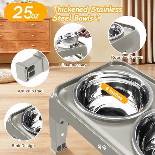 Elevated Bowls for Small Dogs - 3 Height Adjustable Raised Stand With 25oz Stainless Steel Food Bowls, Anti-Slip Feeder Adjusts to 7.5", 6", 2.75", Light Brownish Gray - Image 5