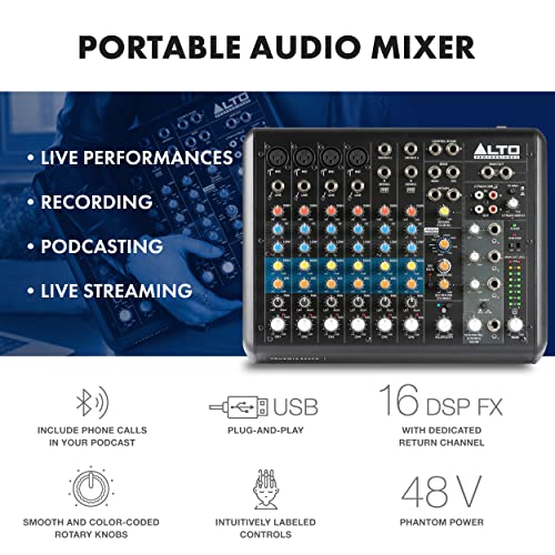 Image of Alto Professional Truemix 800FX Audio DJ Mixer With 4 XLR Mic Ins, USB Audio Interface And Bluetooth For Podcasting, Live Performance, Recording, Dj, Mac And PC, Black