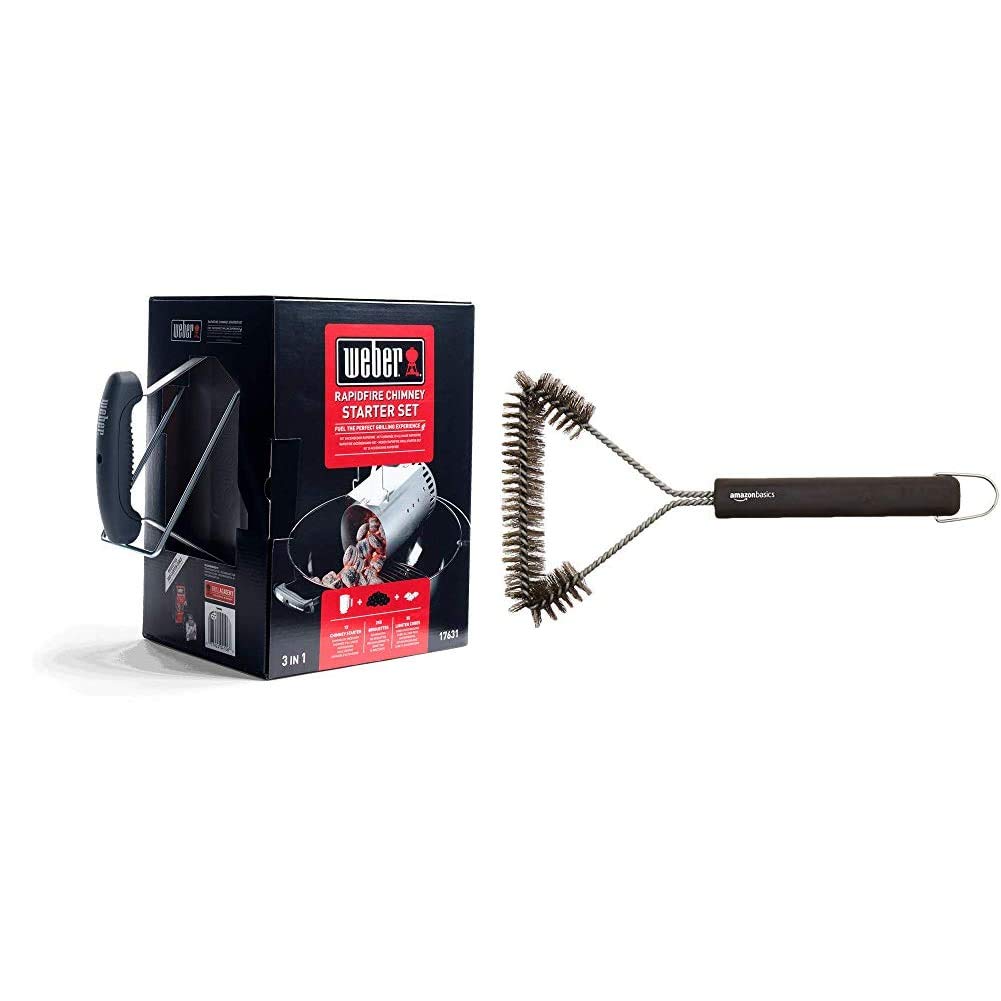 Weber17631 Chimney Starter Set & Amazon Basics 12-Inch 3-Sided Grill Brush