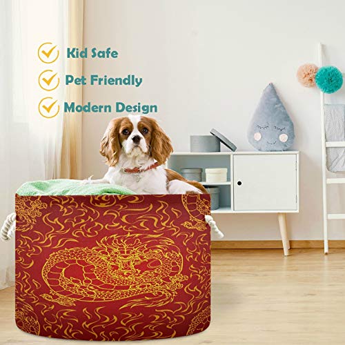 Image of visesunny Storage Basket Playful Asian Dragon And Fire Nursery Hamper Basket Clothes Toy Storage Organizer Bin Box Collapsible Laundry Bag for Kid Room,Playroom,Bathroom,Living Room,Dorm,Office
