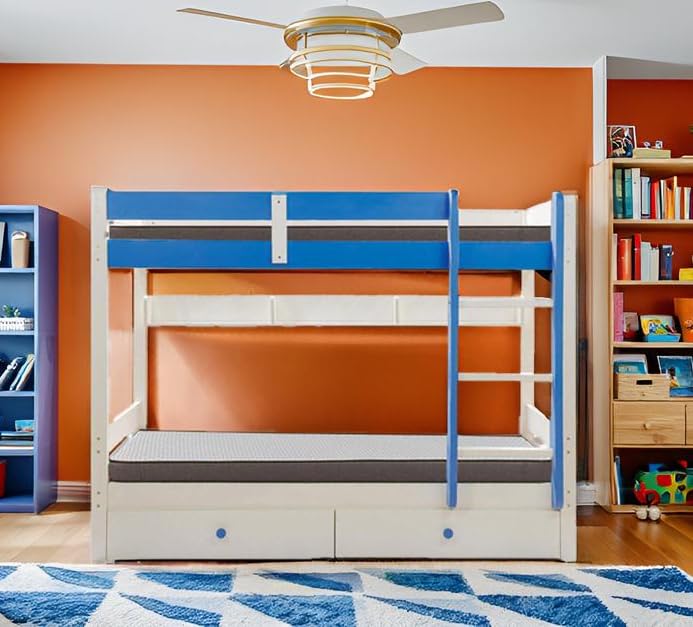 Image of KIDOMATE Mandarin Solid Wood Bunk Bed for Kids with Underbed Storage & Toy Rack | Space-Saving Twin Bed with Guard Rails, Ladder, Safety Design for Boys & Girls Bedroom (Blue, Single Over Single)