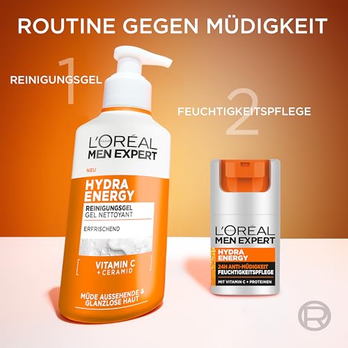 L'Oréal Men Expert belebende & sanfte Gesichtsreinigung für Männer, Waschgel für müde aussehende Männerhaut, Herren Cleanser für das Gesicht mit Vitamin C und Ceramiden, Hydra Energy 260 ml 6