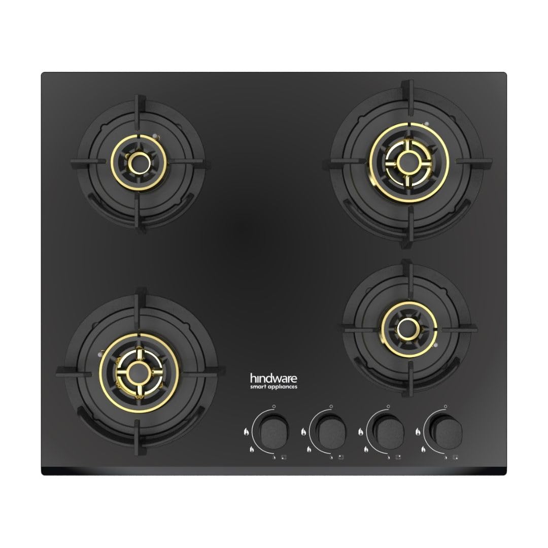 Hindware HAZEL 4B 60 | Full Brass Burner | Auto Ignition | Flame Guard Round Pan Support | Metal Knobs | 8 mm Toughened glass | Hob 4 Burners 60cm (Black) Hindware HAZEL 4B 60 | Full Brass Burner | Auto Ignition | Flame Guard Round Pan Support | Metal Knobs | 8 mm Toughened glass | Hob 4 Burners 60cm (Black)