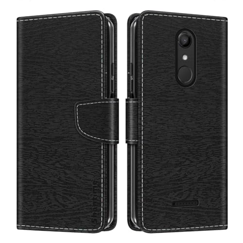 Étui Portefeuille en Cuir PU à Rayures Compatible avec Wiko Upulse Lite, Coque Fine avec Rabat Magnétique, Emplacements Cartes et Support (Noir)