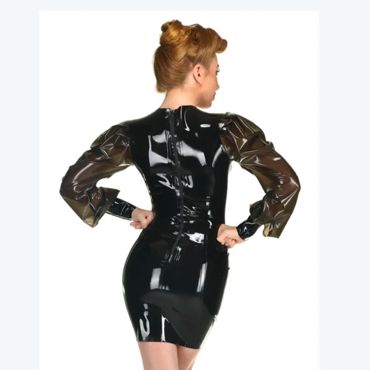 Vestido corto de manga larga abombada para mujer, vestido ajustado de PVC, vestido de fiesta con cuello en V, vestido de fiesta personalizable