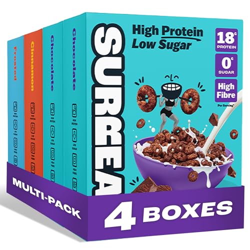 Surreal Mixed Pack - High Protein Cereal - Zero Sugar - High in Fibre - Low Carb - Gluten Free - Vegan - 17g of Protein 0g of Sugar - 240g per Box - 4 Pack (2x Chocolate 1x Cinnamon 1x Frosted)
