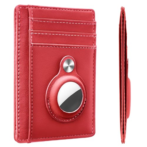Image of Hawanik Slim Minimalist Front Pocket AirTag Wallet, RFID Blocking Card Holder with AirTag Holder, Red, Minimalist