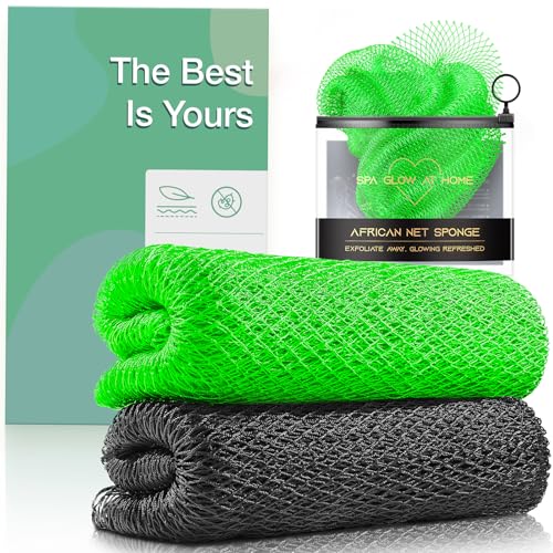 Image of Authentic African Net Sponge, 2 Pack Exfoliating Body Scrubber & Back Scrubber, Gentle Deep Cleansing for Shower, for Men & Women (Black & Green)