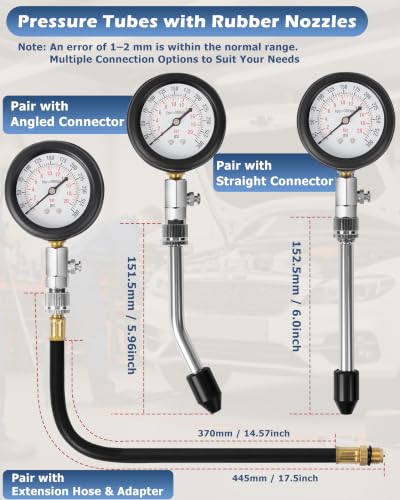 Image of DAYUAN Professional Petrol Engine Compression Tester Kit Set, Red Case | 8 Pcs, 14mm & 18mm Adapters, Dual Scale Gauge, 0-300 PSI /0-20 Bar, Reinforced Rubber Hose, Universal for Cars Motorcycles