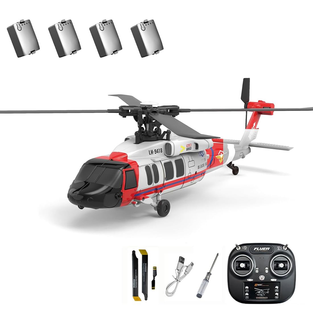 K200 Black Hawk RC Helicopter, 6CH Brushless Remote Control Helicopter Model with Altitude Hold, Optical Flow & Inverted Flight, 6-Axis Gyro Simulation Military Aircraft for Adults (4 Battery/Red)
