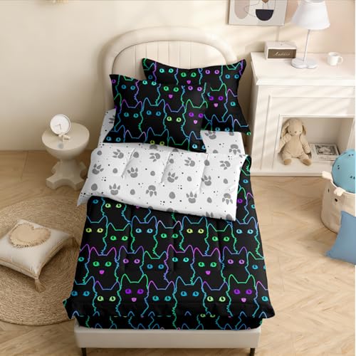 Image of Kids Comforter Set,Zipper Bedding Twin for Teen,Black Cats Printed Comforter Set with Paw Fitted Sheets and Pillowcases for All Season(Cats-C)