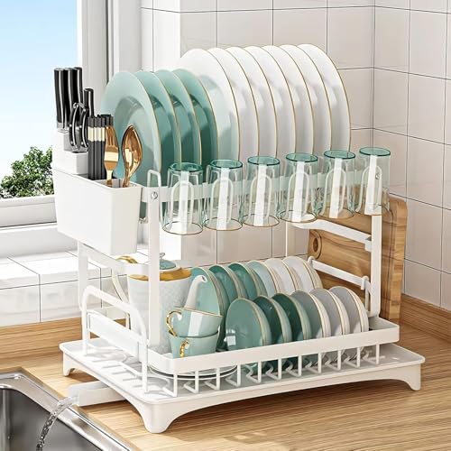 Escurridor de platos de acero inoxidable de 2 niveles con bandeja de goteo, taza, utensilios y soporte para tabla de cortar, escurridor de fregadero para encimera de cocina