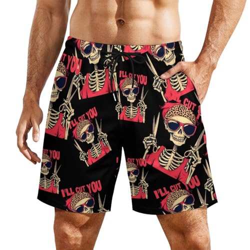 I'll Cut You Skull Hairdresser Beach Shorts for Men Swim Trunks Quick Dry Swim Shorts with Compression Liner Pocket