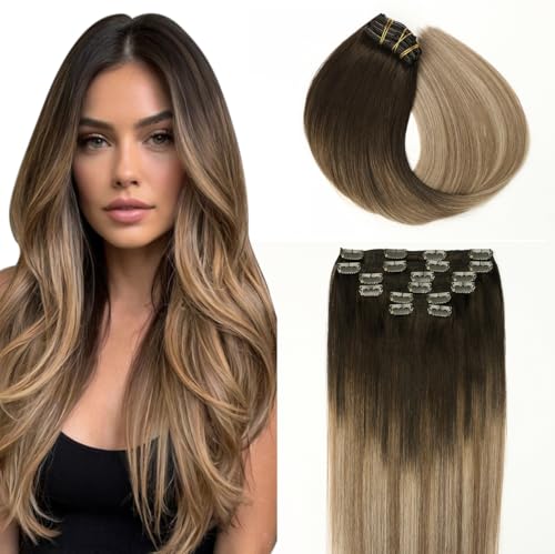 SURNEL Extensiones De Clip De Pelo Natural 120g 45cm 6 Piezas Marrón Oscuro a Castaño y Rubio Sucio Resaltado Extensiones De Clip De Humano Real Pelo Remy (C#2/6/18 45cm)