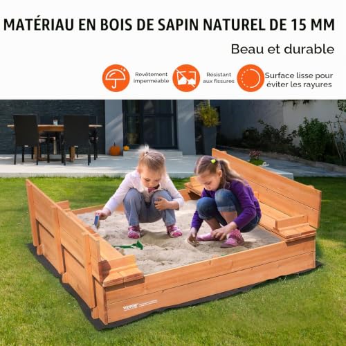 VEVOR Bac à sable bois naturel 1330x1200x430 mm. Banquettes pliables doublure. Pour jardin 3 . - vue 4
