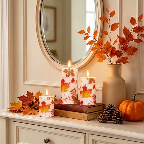 JOIONE Maple Leaf Fall Flameless Pillar Candles with Remote Set of 3 by JOIONE - Used condition - Image 8