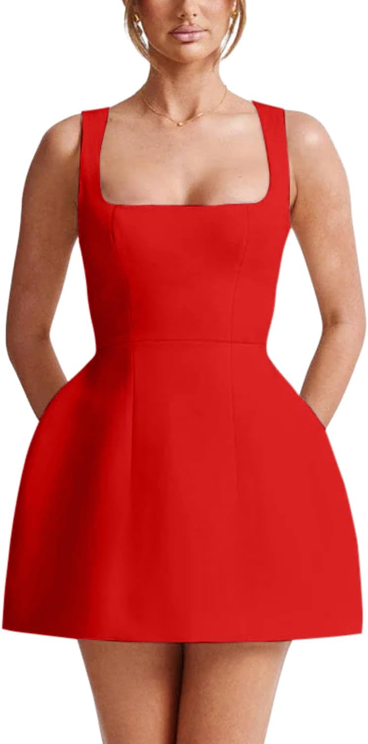 Women's A-Line Mini Dress Sleeveless Square Neck Graduation Party Short Dress - Image 4