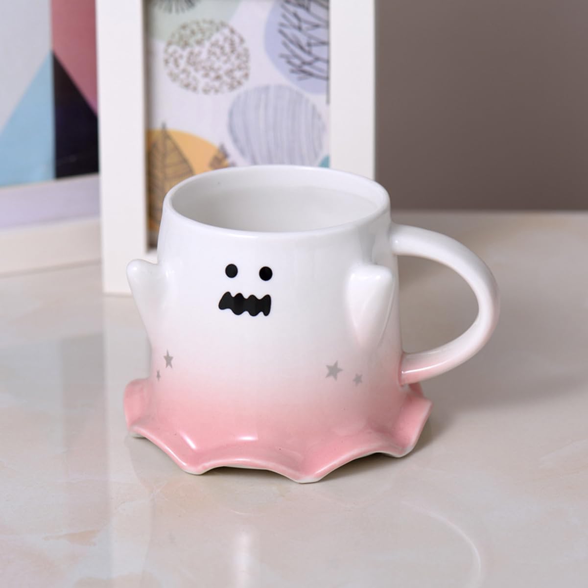 KKGUD Novelty Mini Cup, Ceramic 4.5oz Halloween Coffee Cup with Spoon- Scary Ghost (Pink), Scary Ghost- Pink, 130ml, Small - Image 2