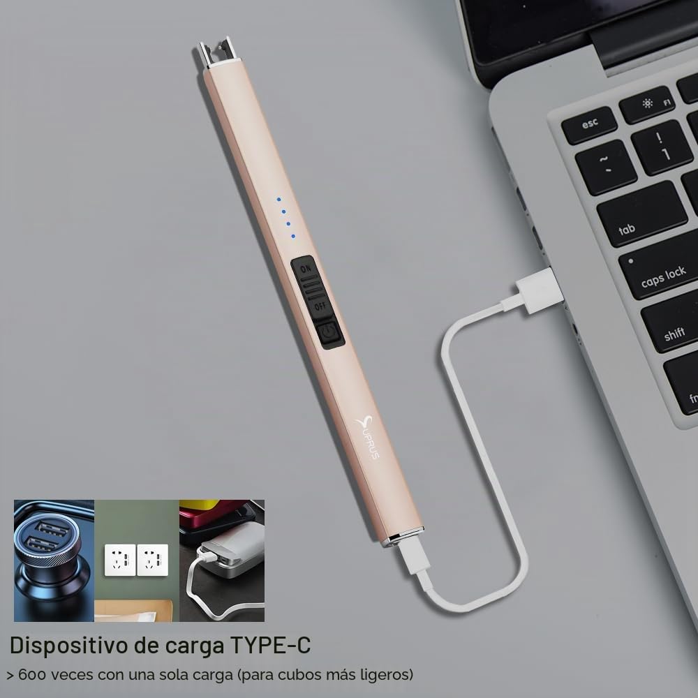 SUPRUS Mechero eléctrico con Arco eléctrico, Resistente al Viento, sin Llama, Recargable por USB, con Interruptor de Seguridad e Ideal para encender Velas y Usar en acampadas, Dorado