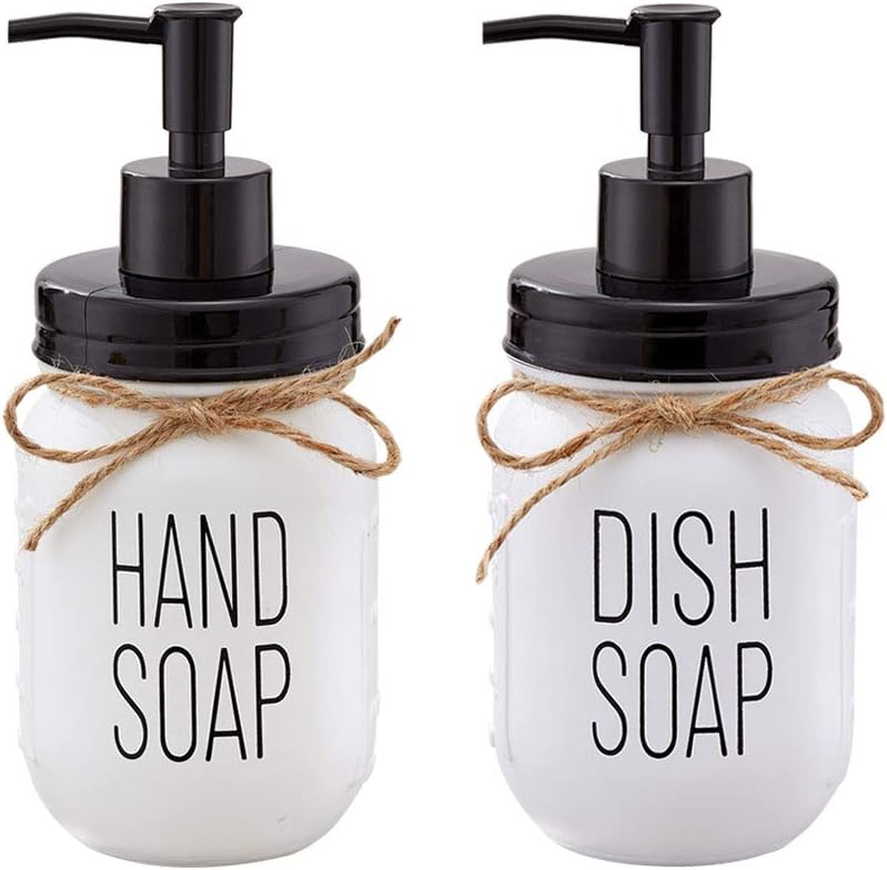 Farmhouse Glass Mason Jar Hand Soap Dispenser and Dish Soap Dispenser Set - 16 Ounce Glass Mason Jar with Plastic Pump and Lid - Rust Proof - Rustic Bathroom Accessories &Kitchen Home Decor - 2 Pack