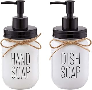 Farmhouse Glass Mason Jar Hand Soap Dispenser and Dish Soap Dispenser Set - 16 Ounce Glass Mason Jar with Plastic Pump and Lid - Rust Proof - Rustic Bathroom Accessories &Kitchen Home Decor - 2 Pack