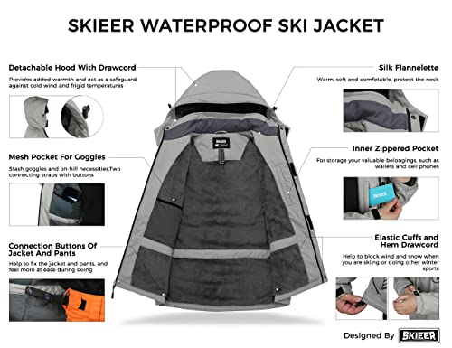 Skieer Men's Warm Ski Jacket Windproof Climbing Winter Raincoat(Light Grey,Large) #TOP2