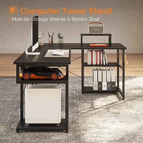 Odk 66" L Shaped Desk Computer Desk With Storage Shelves & Pc Stand, Gaming Desk With Monitor Stand, Home Office Writing Desk, Modern Larger Wooden Desk, Black #TOP3