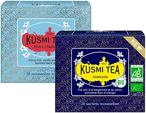 Kusmi Tea - Anastasia and Prince Vladimir Organic Black Tea - Organic Earl Gray Black Tea - Pack of 2-2x20 Muslin Tea Bags - About 40 cups