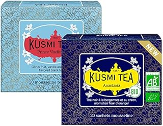 Kusmi Tea - Anastasia and Prince Vladimir Organic Black Tea - Organic Earl Gray Black Tea - Pack of 2-2x20 Muslin Tea Bags - About 40 cups