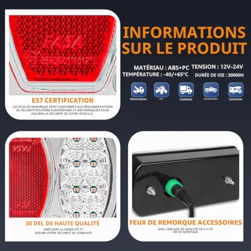 Feux remorque 13 broches 12V/24V complet avec kit de câbles 5m - 3