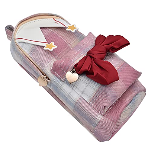 SIPLIV Trousse à crayons style école avec nœud papillon et fermeture éclair pour filles, fournitures scolaires et de bureau, motif écossais rose