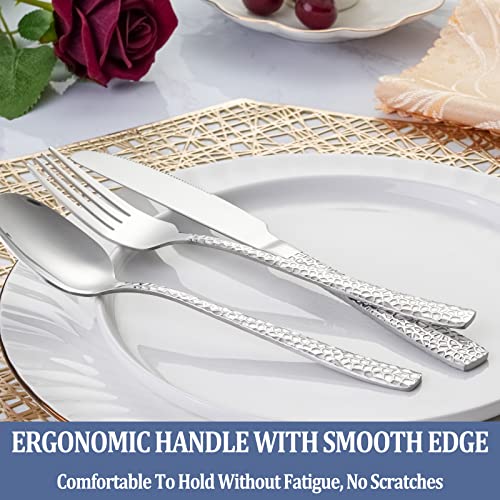 40 Piece Hammered Silverware Set Service for 8, Stainless Steel Flatware Set,Mirror Polished Cutlery Utensil Set,Durable Home Kitchen Eating Tableware Set,Include Fork Knife Spoon Set,Dishwasher Safe