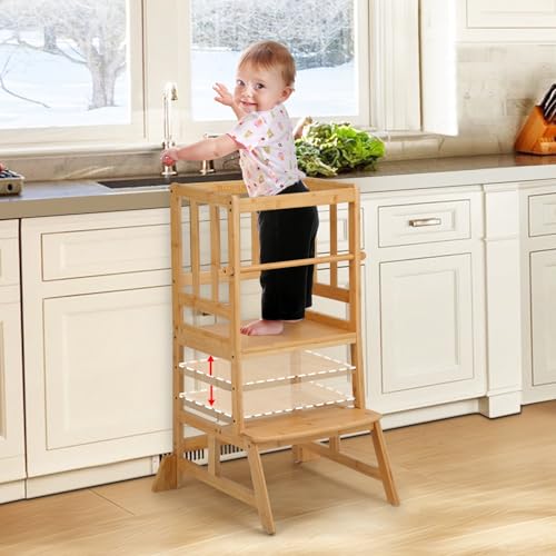 Comparison: Best Kitchen Towers For Toddlers COSYLAND Toddler Standing Tower - Adjustable Height Toddler Kitchen Stool Helper - Kids Kitchen Step Stool for Learning with Removable Safety Railing Natural